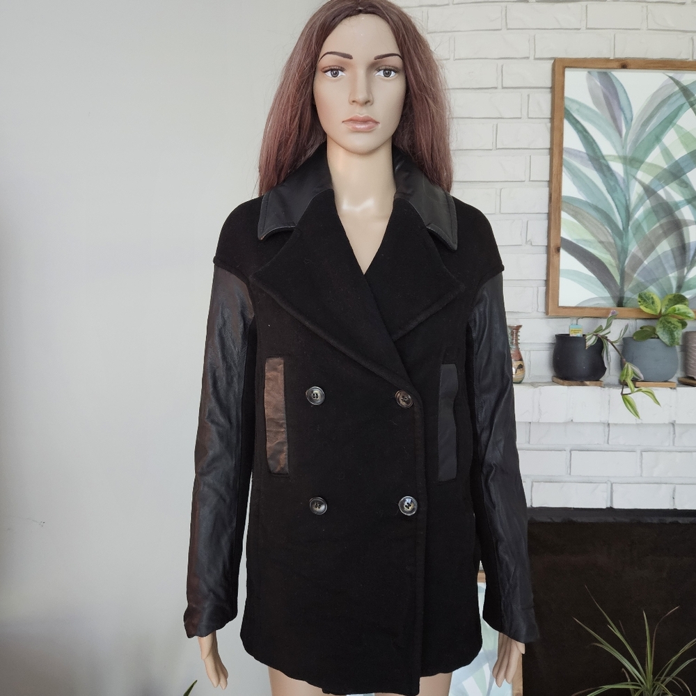 Danier wool  pea coat black double breasted leather